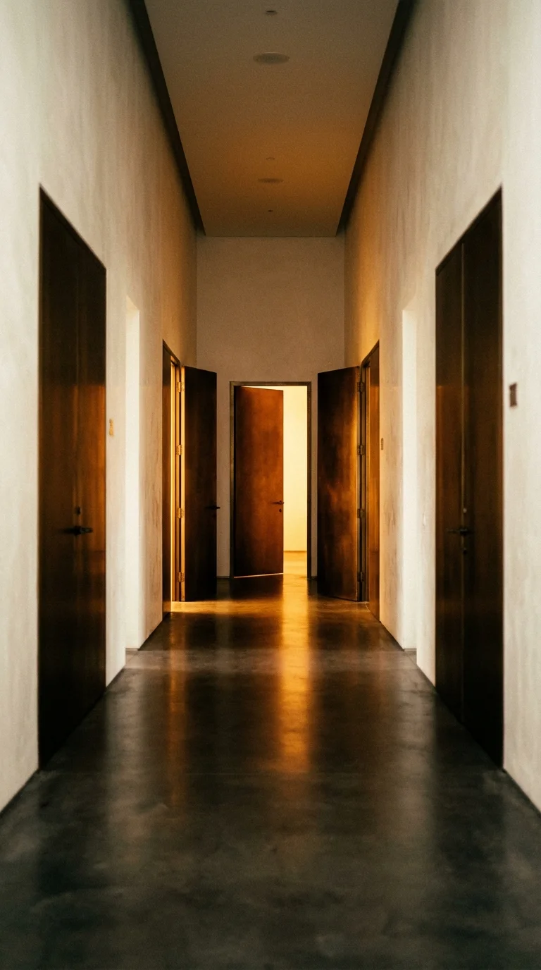 A long corridor of dark wooden doors, light at the far end.
