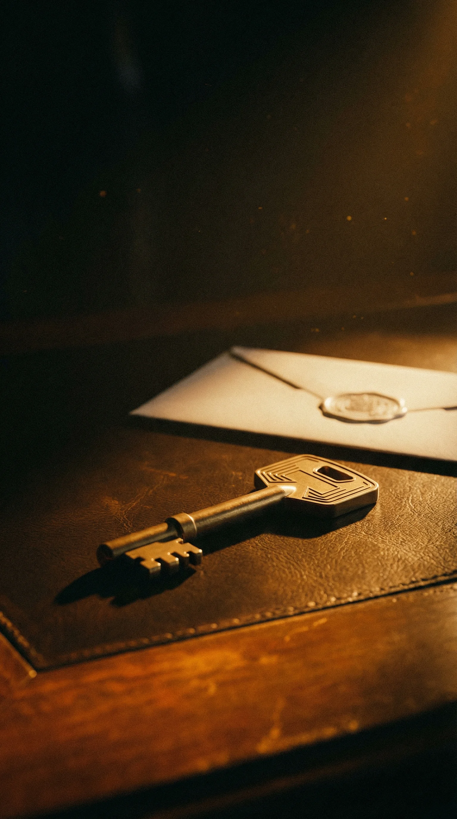 An old key resting on a leather desk pad beside a sealed envelope.