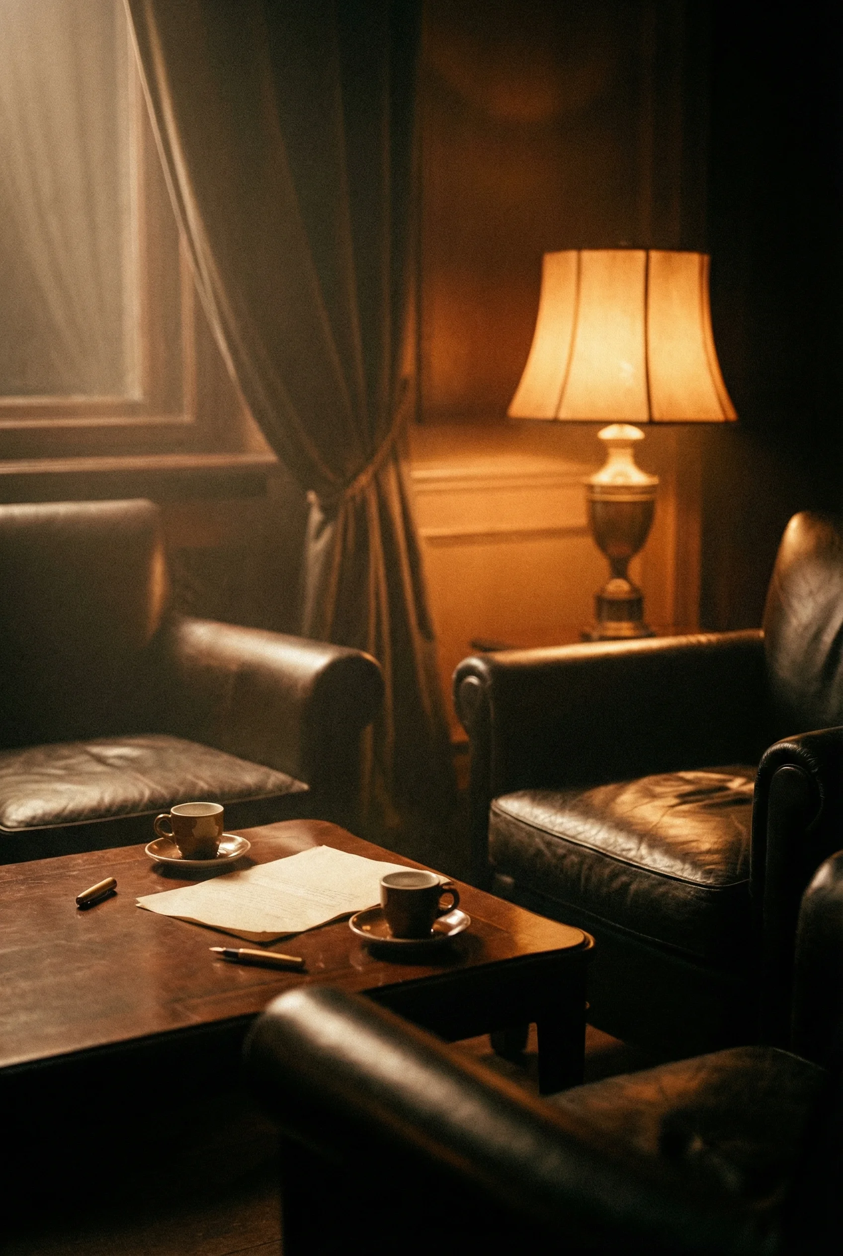 Two leather armchairs and a coffee table in warm window light.