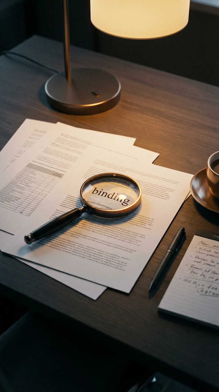 A magnifying glass resting on printed contracts under a desk lamp.