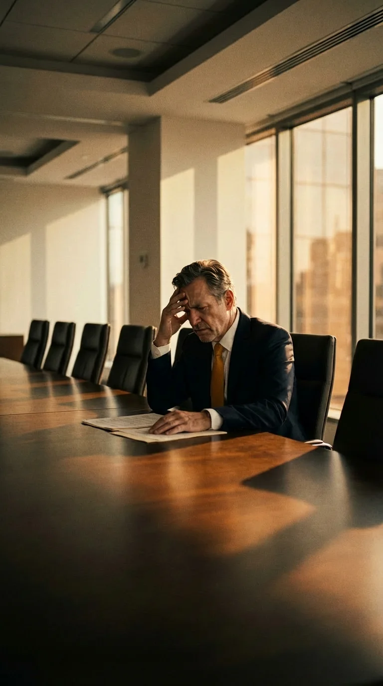 A man alone at the end of a boardroom table at dusk, head in his hand.
