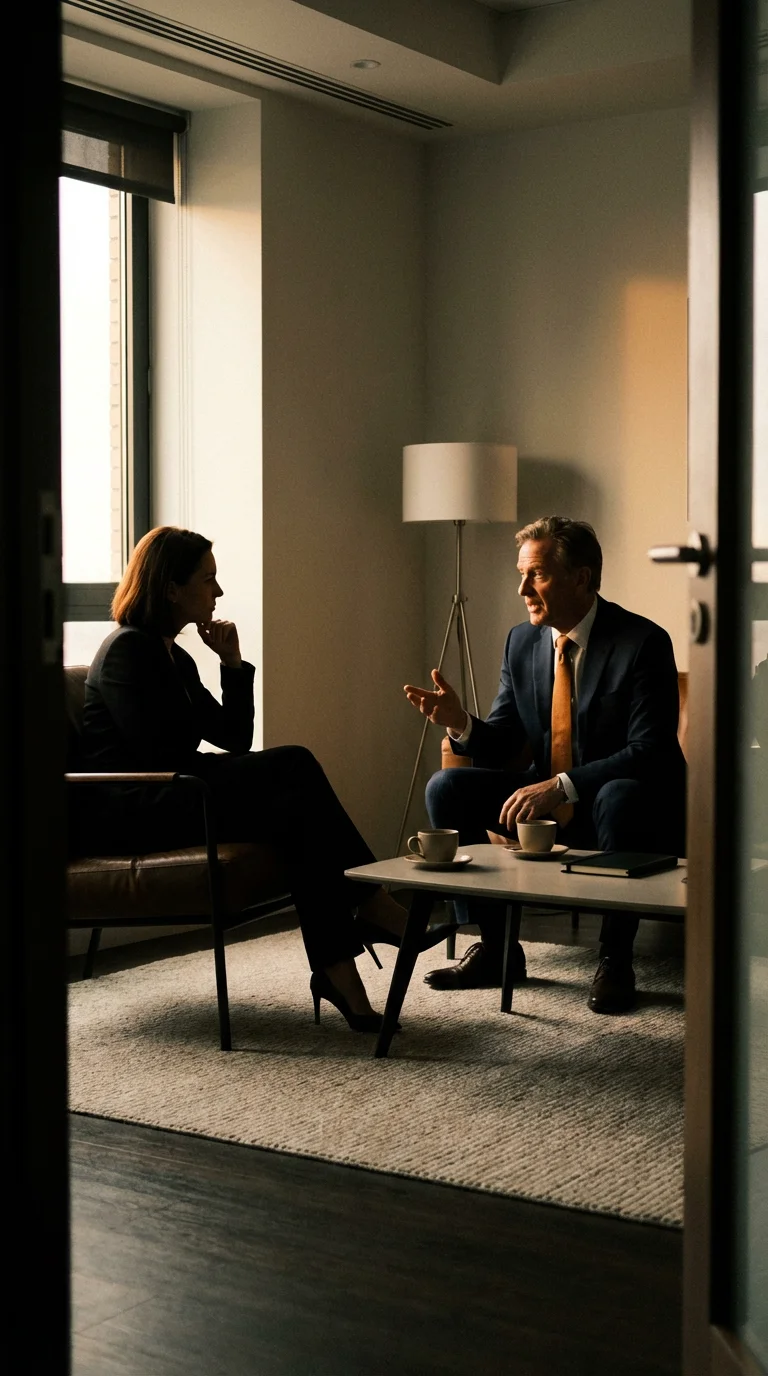 A man and a woman in conversation in a quiet lounge.