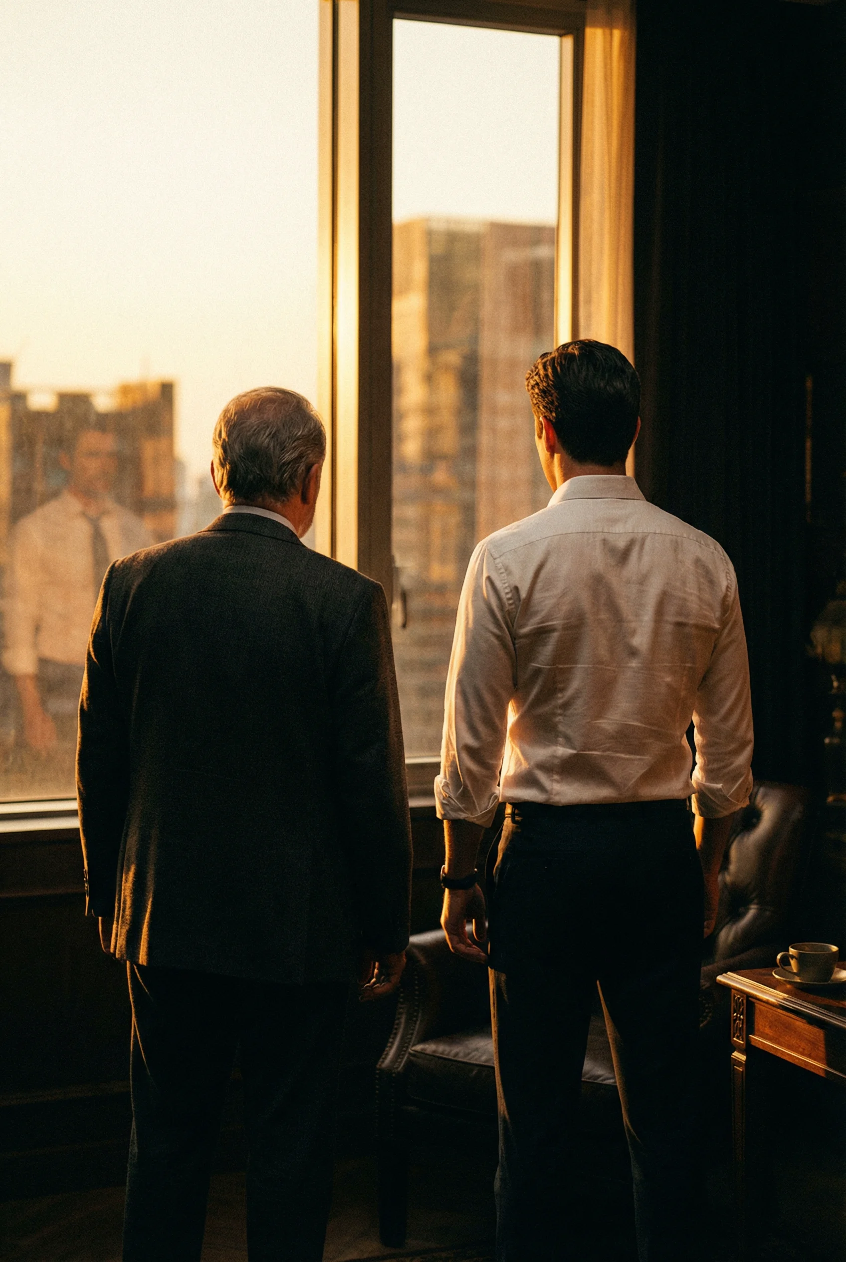 Two men in suits side by side at a tall window, looking out over the city at sunset.