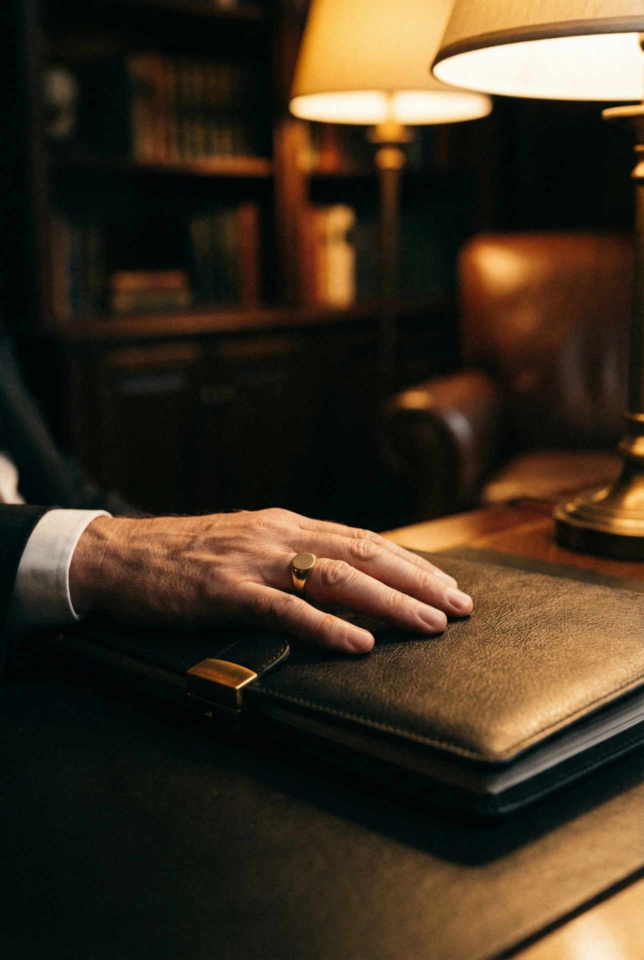 Hand resting on leather portfolio